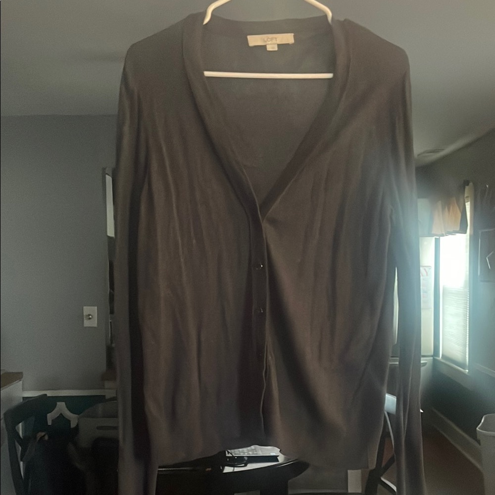 LOFT Gray Cardigan Sweater V-Neck Lightweight